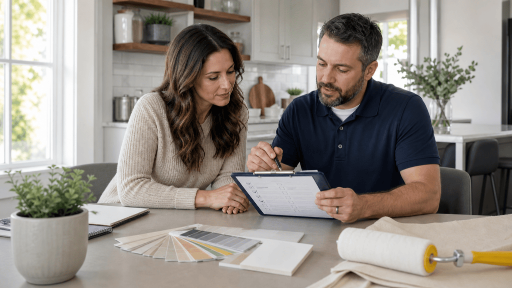 Homeowner reviewing a painting project checklist with an estimator.