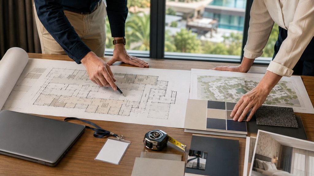 Facilities team reviewing hotel repainting plans, floor layout, and paint samples